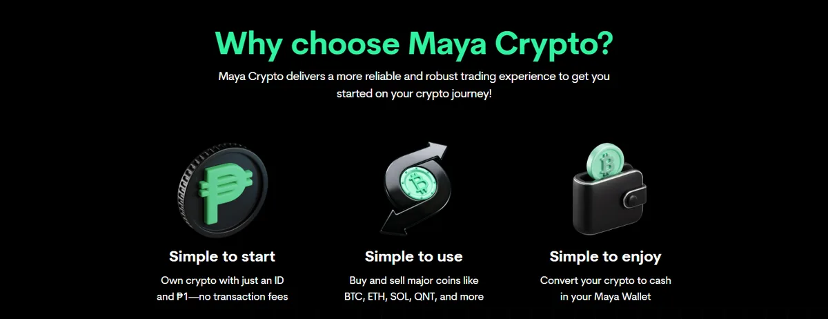 From ₱1, no transaction fees — and “convert to cash in your Maya Wallet” Maya’s crypto page: own crypto with just an ID and ₱1 with no transaction fees, buy and sell major coins, convert crypto to cash in the Maya Wallet.