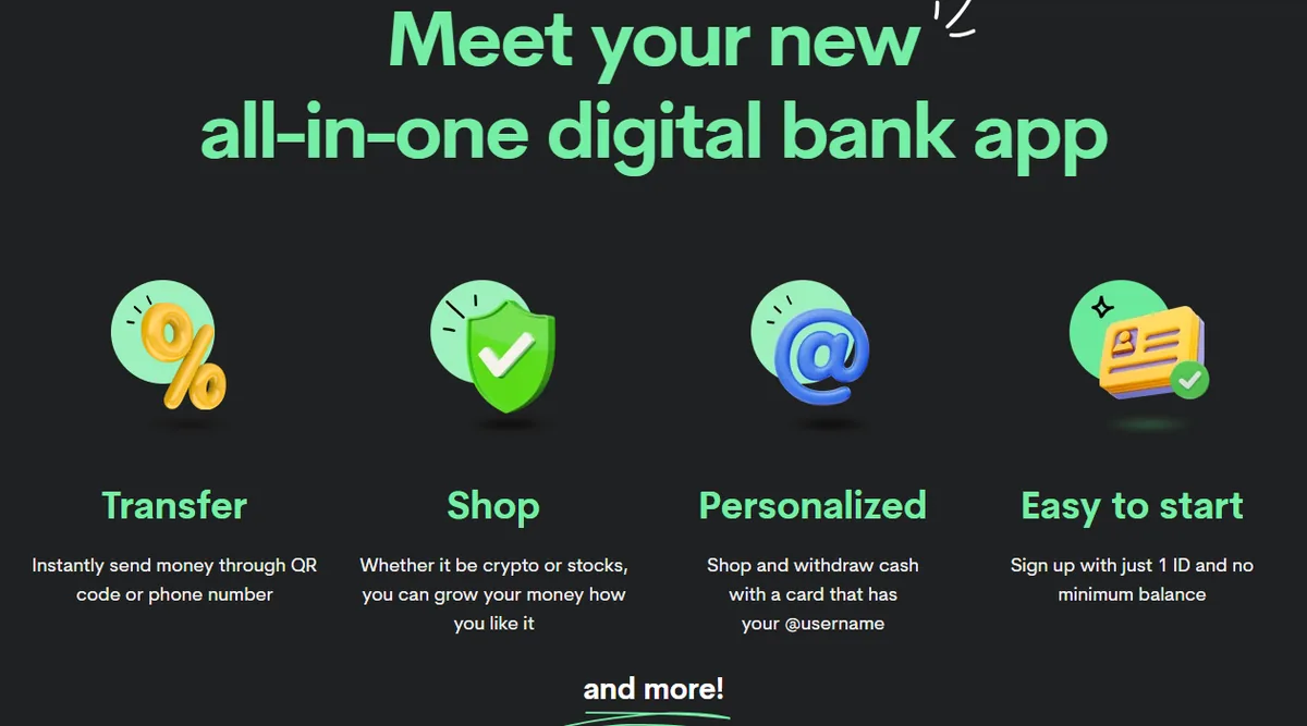 What the Maya home page promises the app does Maya's home page listing four promises: transfer instantly by QR code or phone number, shop with crypto or stocks, a personalised card, and sign-up with one ID.