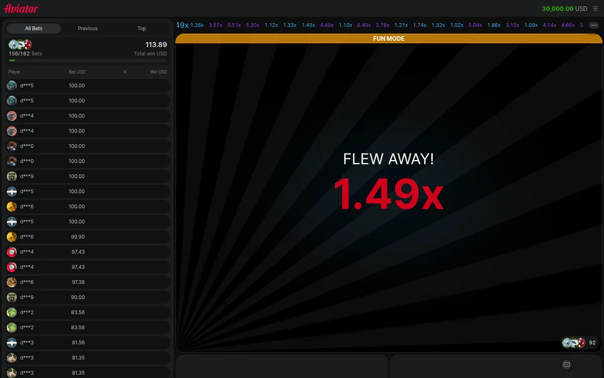 Aviator, in Spribe's own free demo The Aviator crash game running in the provider's own free demo: a rising multiplier curve, the bet panel, and the strip of previous round results.