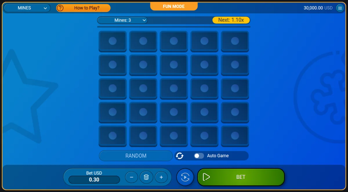 Mines, in the provider's own free demo The Mines game in the provider's free demo: a grid of tiles, a mine count selector and a cash-out button.