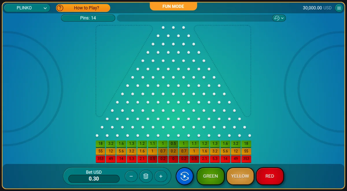 Plinko, in the provider's own free demo The Plinko game in the provider's free demo: a triangular field of pegs with multiplier buckets along the bottom edge.